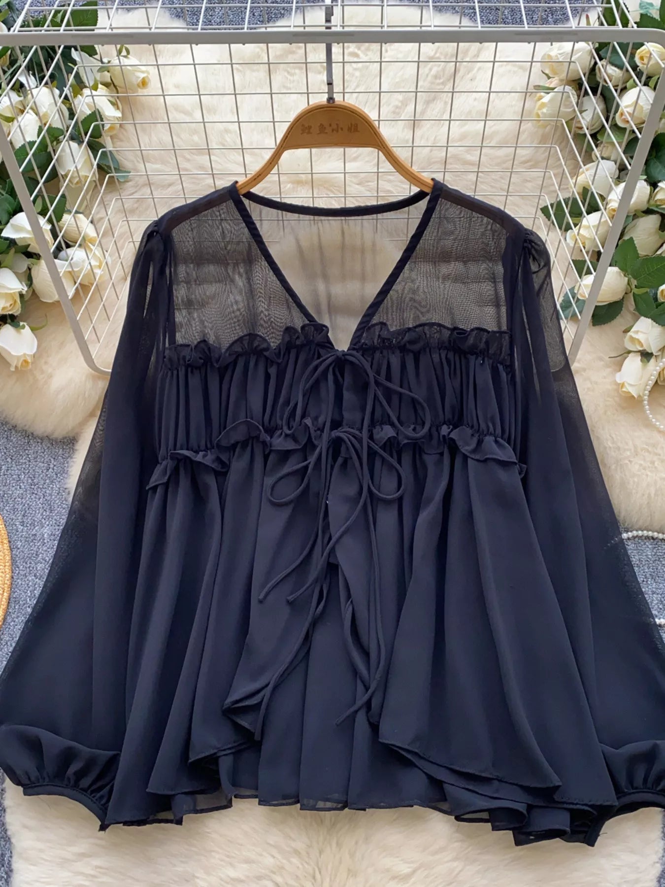 Ruffle Front Tie Chiffon Blouse