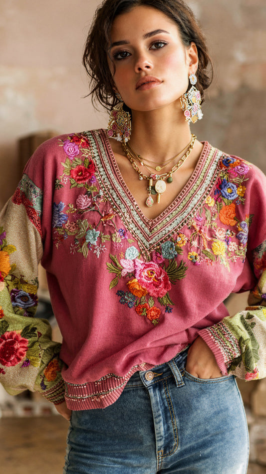 Bohemian Embroidered Floral V-Neck Top