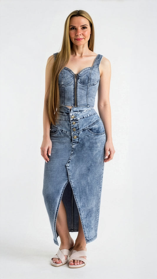 Denim Zipper Top & Button Front Slit Denim Skirt Set