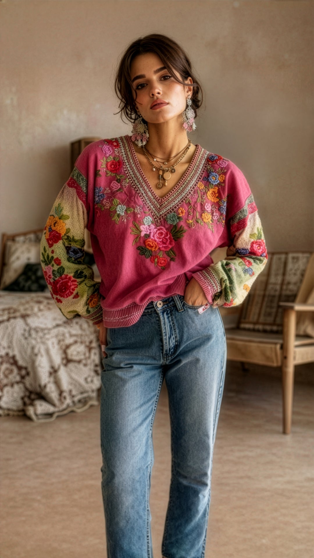 Bohemian Embroidered Floral V-Neck Top