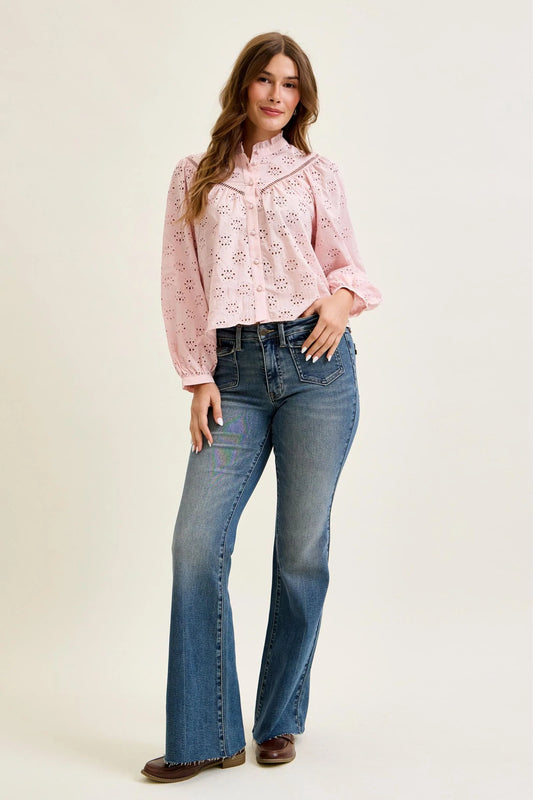Judy Blue Mid Rise Flare Jeans with Front Flap Pockets 881113