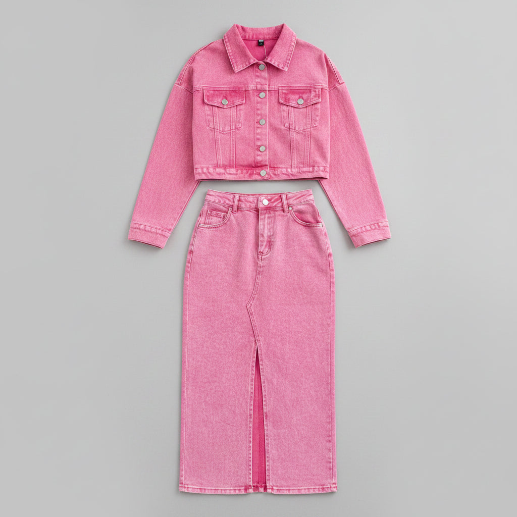 Denim Button Up Jacket and Front Slit Denim Skirt Set