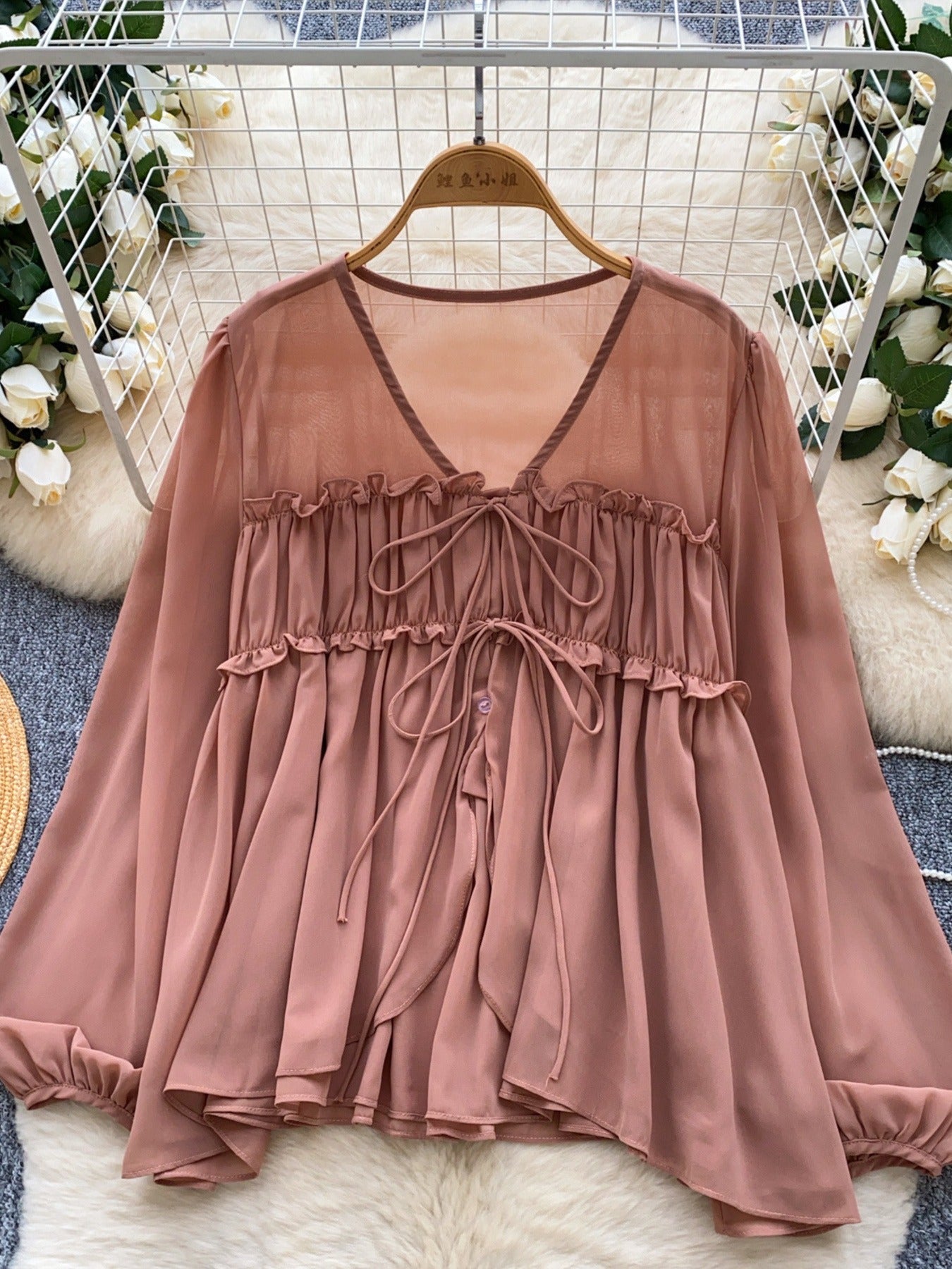 Ruffle Front Tie Chiffon Blouse