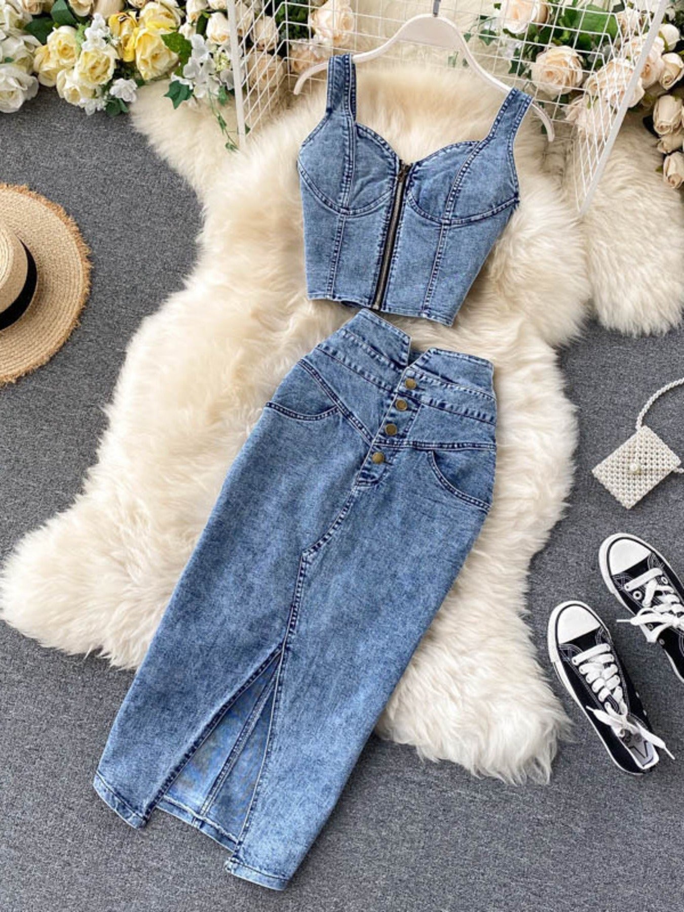 Denim Zipper Top & Button Front Slit Denim Skirt Set