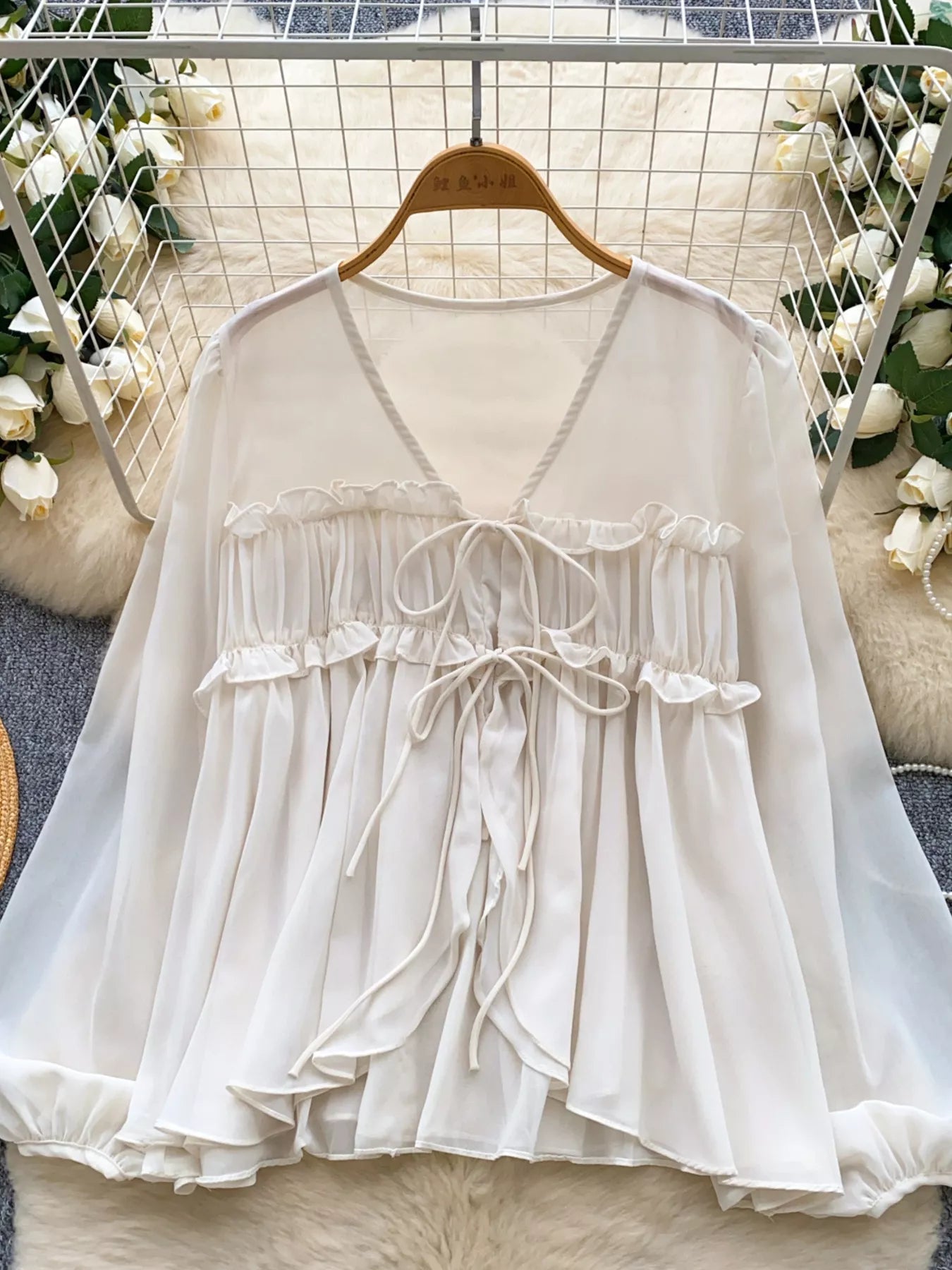 Ruffle Front Tie Chiffon Blouse